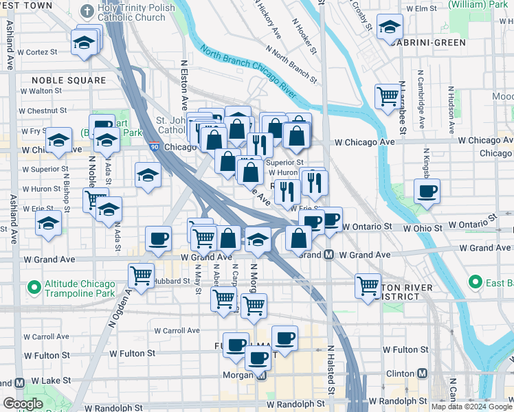map of restaurants, bars, coffee shops, grocery stores, and more near 648 North Morgan Street in Chicago