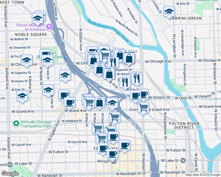 map of restaurants, bars, coffee shops, grocery stores, and more near 648 North Morgan Street in Chicago