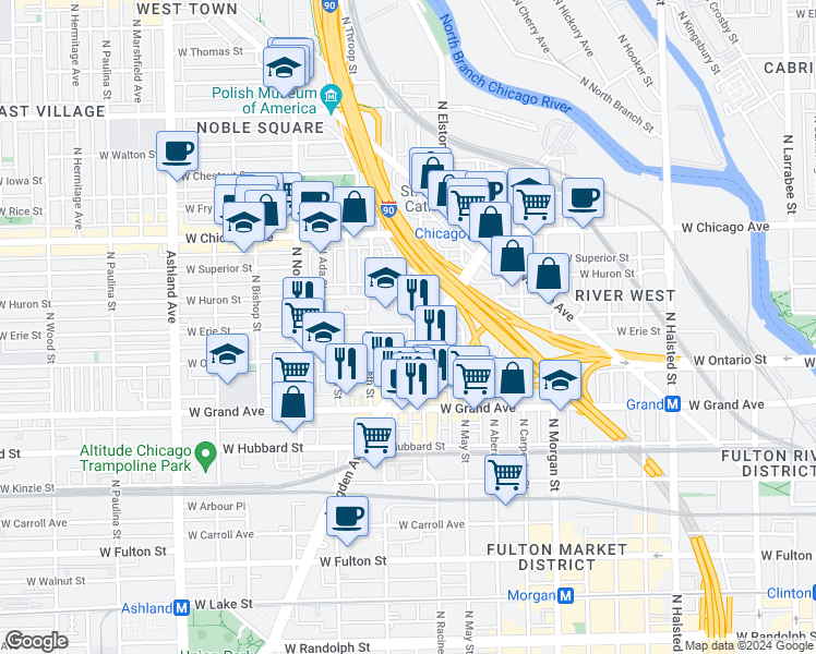 map of restaurants, bars, coffee shops, grocery stores, and more near 1226 West Erie Street in Chicago
