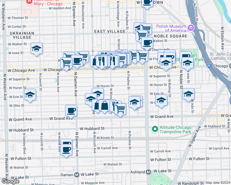 map of restaurants, bars, coffee shops, grocery stores, and more near 1758 West Erie Street in Chicago