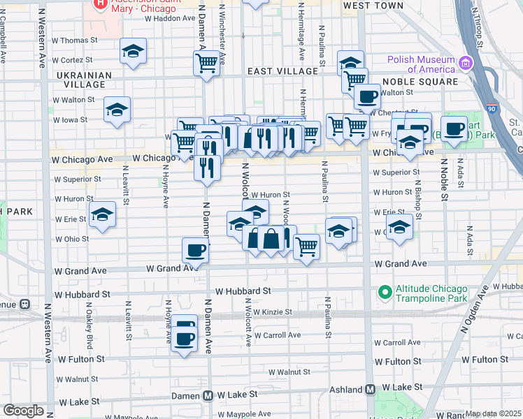 map of restaurants, bars, coffee shops, grocery stores, and more near 1836 West Erie Street in Chicago