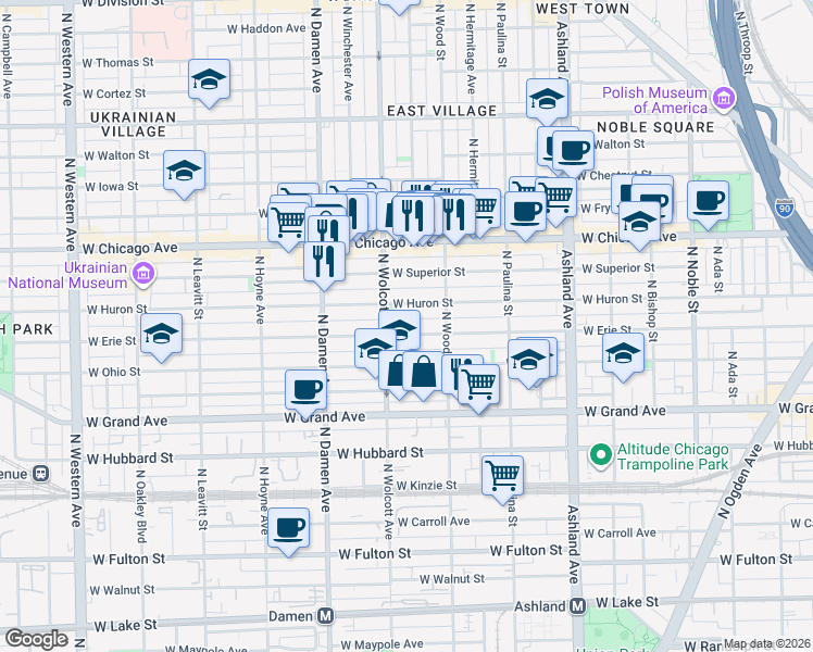 map of restaurants, bars, coffee shops, grocery stores, and more near 1836 West Erie Street in Chicago