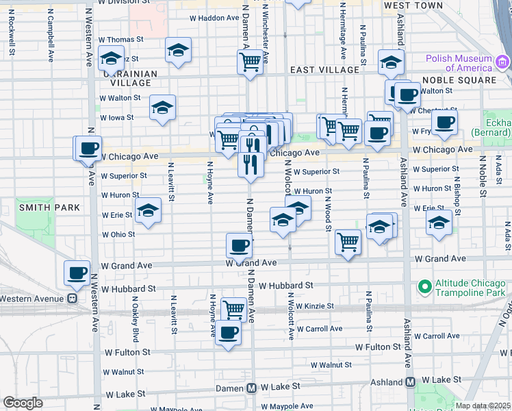 map of restaurants, bars, coffee shops, grocery stores, and more near in Chicago
