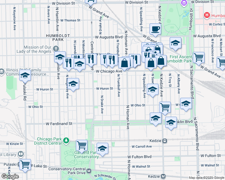 map of restaurants, bars, coffee shops, grocery stores, and more near 3503 West Huron Street in Chicago
