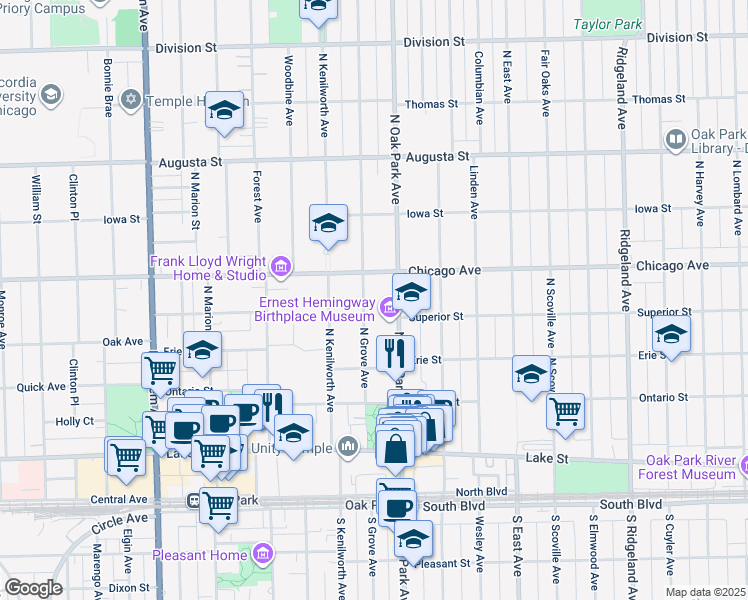 map of restaurants, bars, coffee shops, grocery stores, and more near 415 North Oak Park Avenue in Oak Park