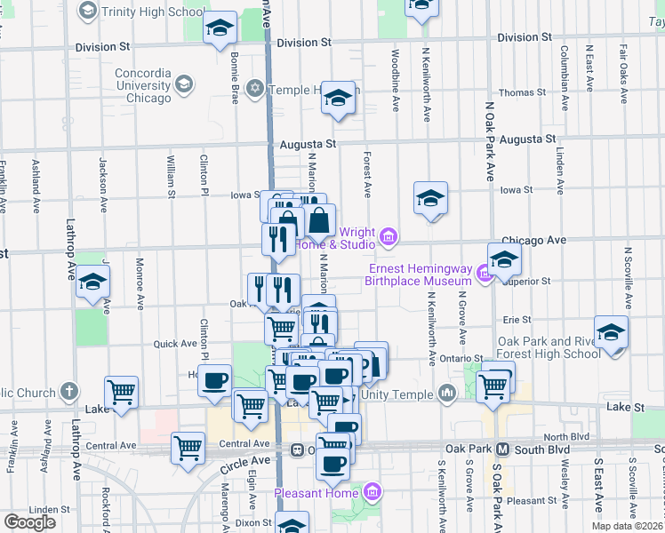 map of restaurants, bars, coffee shops, grocery stores, and more near 408 North Marion Street in Oak Park