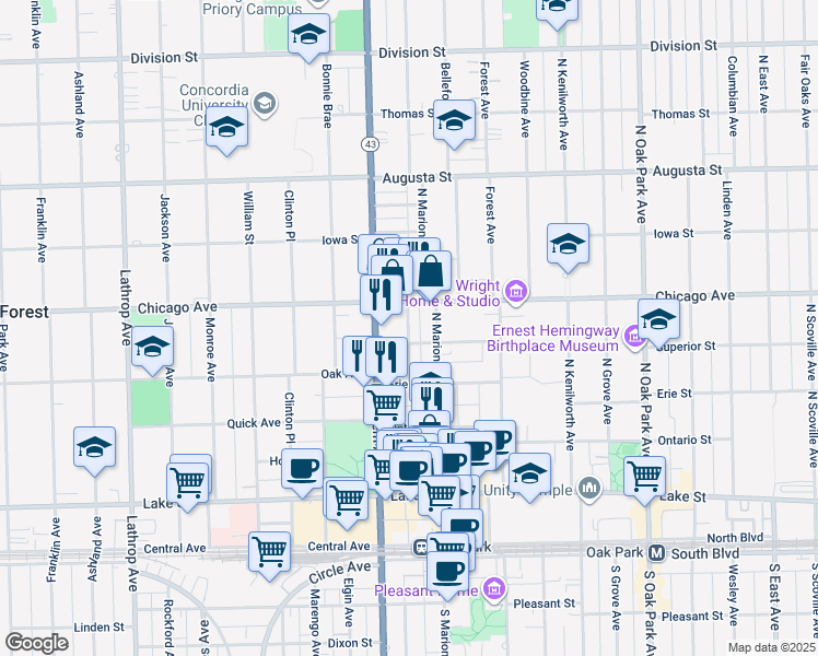 map of restaurants, bars, coffee shops, grocery stores, and more near 411 North Maple Avenue in Oak Park