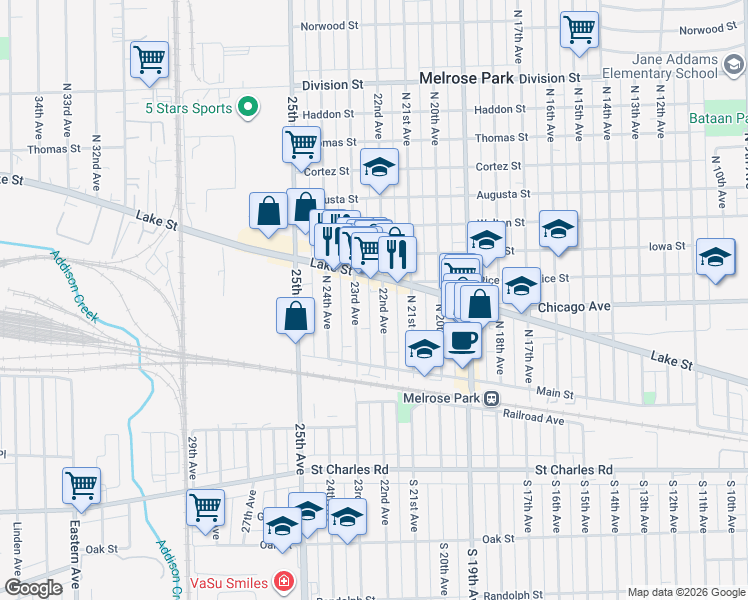 map of restaurants, bars, coffee shops, grocery stores, and more near 153 23rd Avenue in Melrose Park