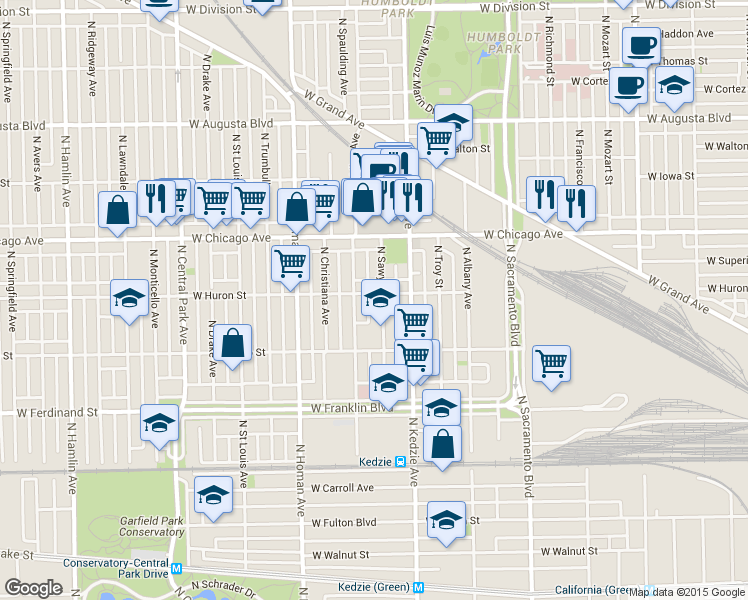 map of restaurants, bars, coffee shops, grocery stores, and more near 652 N Sawyer Ave in Chicago