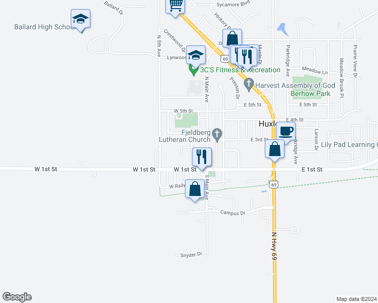 map of restaurants, bars, coffee shops, grocery stores, and more near 201 North 3rd Avenue in Huxley