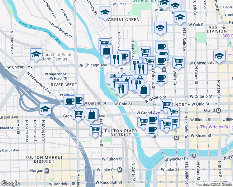 map of restaurants, bars, coffee shops, grocery stores, and more near 630 North Kingsbury Street in Chicago