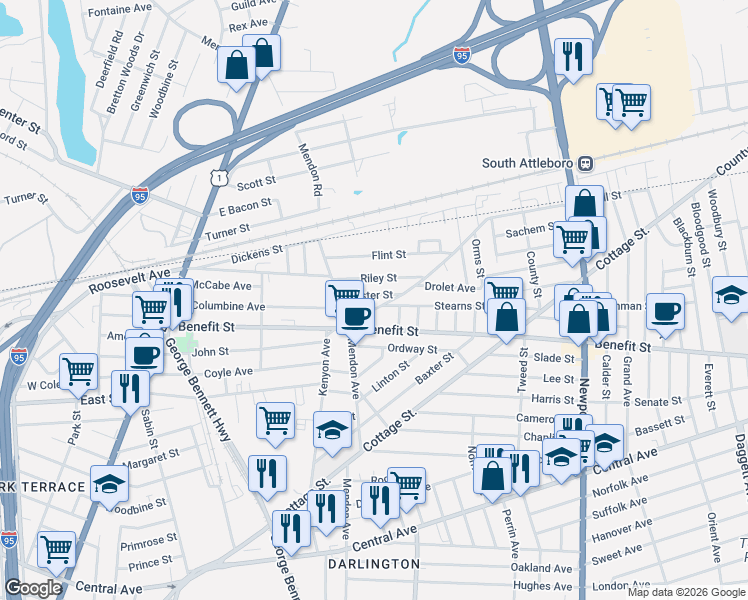 map of restaurants, bars, coffee shops, grocery stores, and more near 314 Kenyon Avenue in Pawtucket