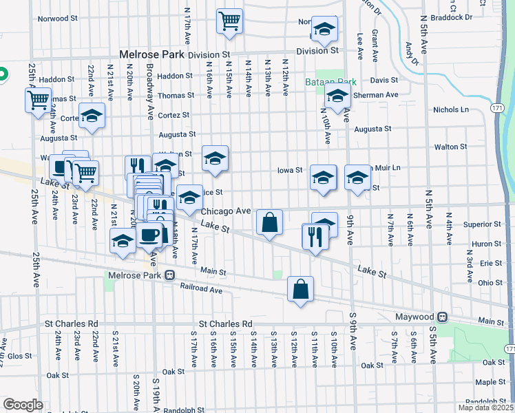 map of restaurants, bars, coffee shops, grocery stores, and more near 703 North 14th Avenue in Melrose Park