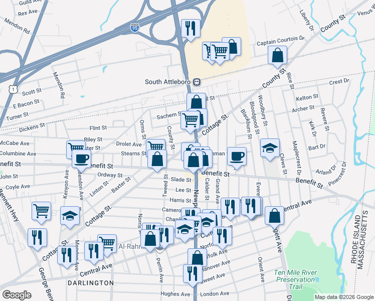 map of restaurants, bars, coffee shops, grocery stores, and more near 715 Cottage Street in Pawtucket