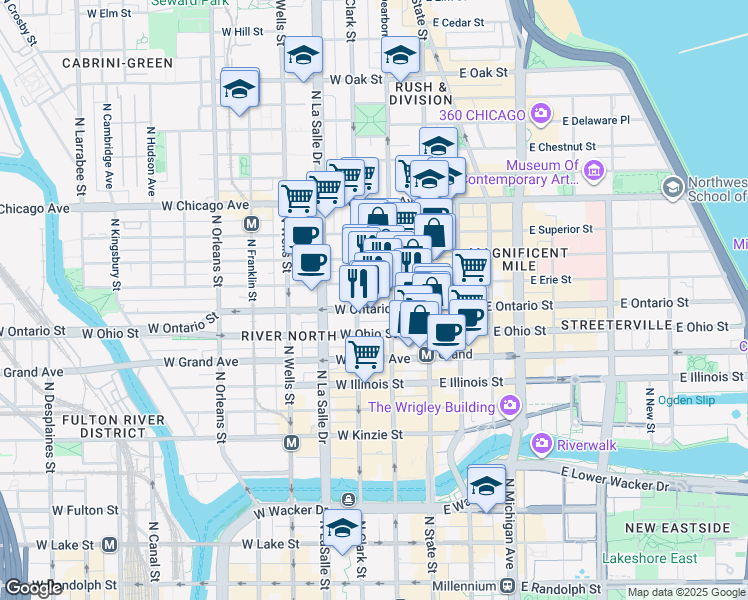 map of restaurants, bars, coffee shops, grocery stores, and more near 640 North Dearborn Street in Chicago