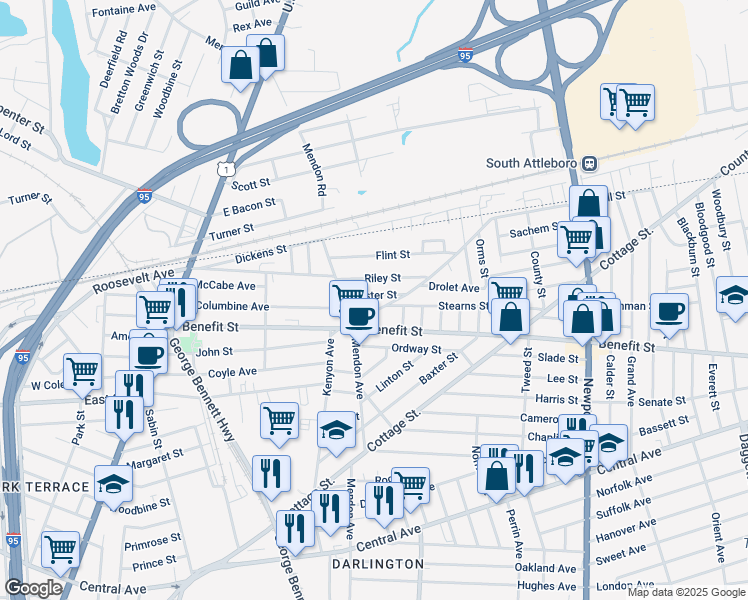 map of restaurants, bars, coffee shops, grocery stores, and more near 25 Foster Street in Pawtucket