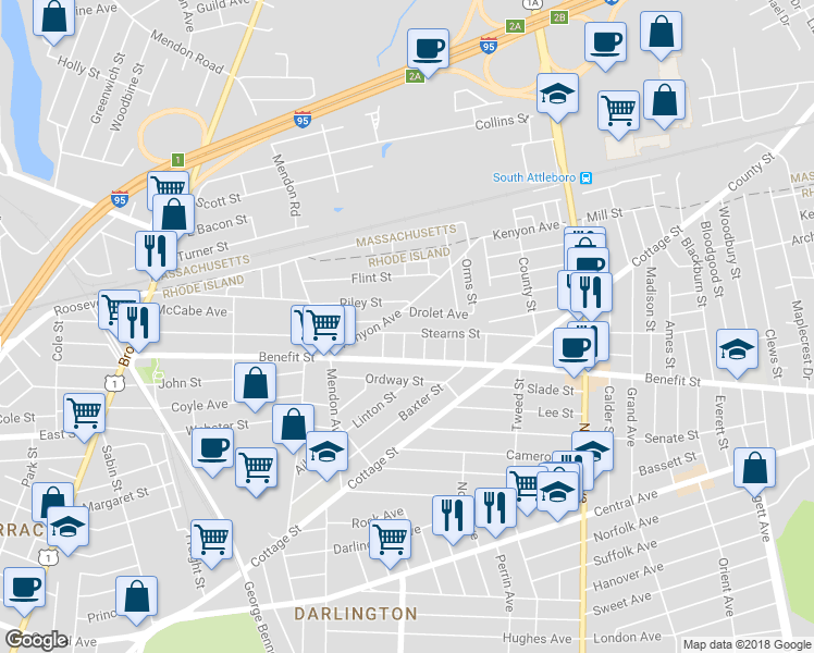 map of restaurants, bars, coffee shops, grocery stores, and more near 38 Stearns Street in Pawtucket