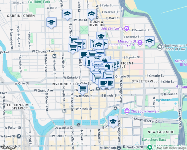 map of restaurants, bars, coffee shops, grocery stores, and more near 22 West Ontario Street in Chicago