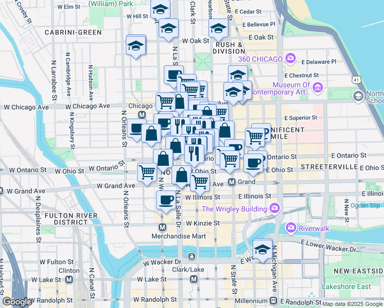 map of restaurants, bars, coffee shops, grocery stores, and more near 100 West Ontario Street in Chicago