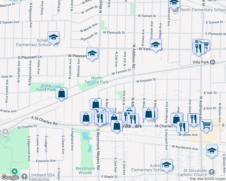 map of restaurants, bars, coffee shops, grocery stores, and more near 226 North 2nd Avenue in Villa Park
