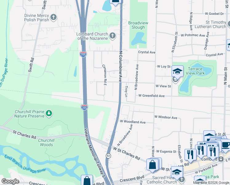 map of restaurants, bars, coffee shops, grocery stores, and more near 237 Churchill Court in Lombard