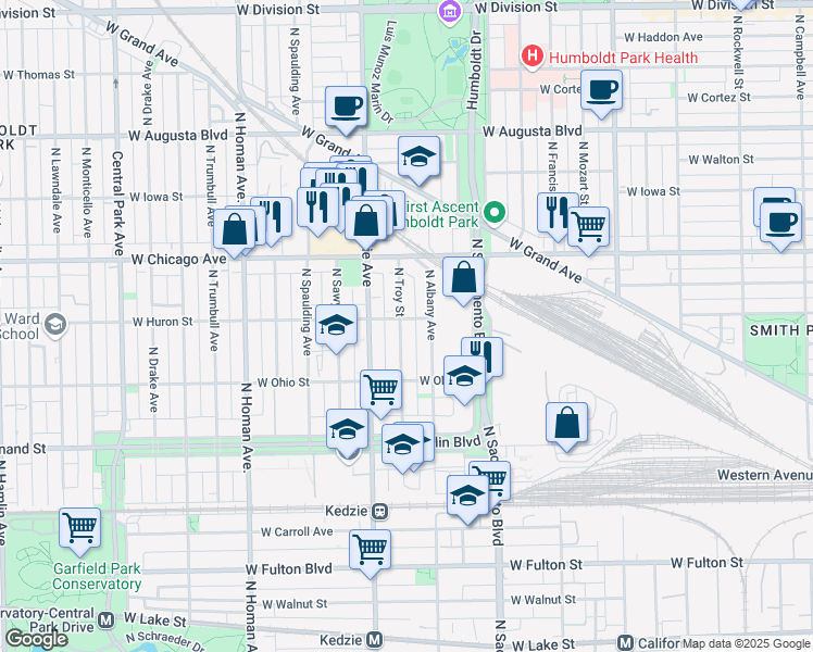 map of restaurants, bars, coffee shops, grocery stores, and more near 3123 West Huron Street in Chicago