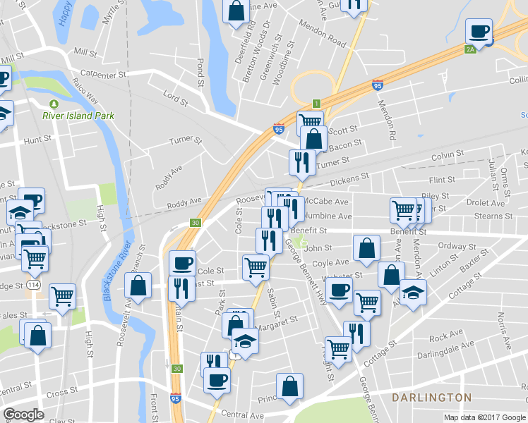map of restaurants, bars, coffee shops, grocery stores, and more near 31 Collins Avenue in Pawtucket