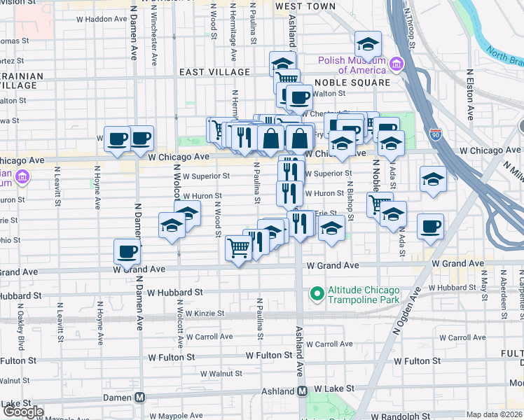 map of restaurants, bars, coffee shops, grocery stores, and more near 1656 West Erie Street in Chicago