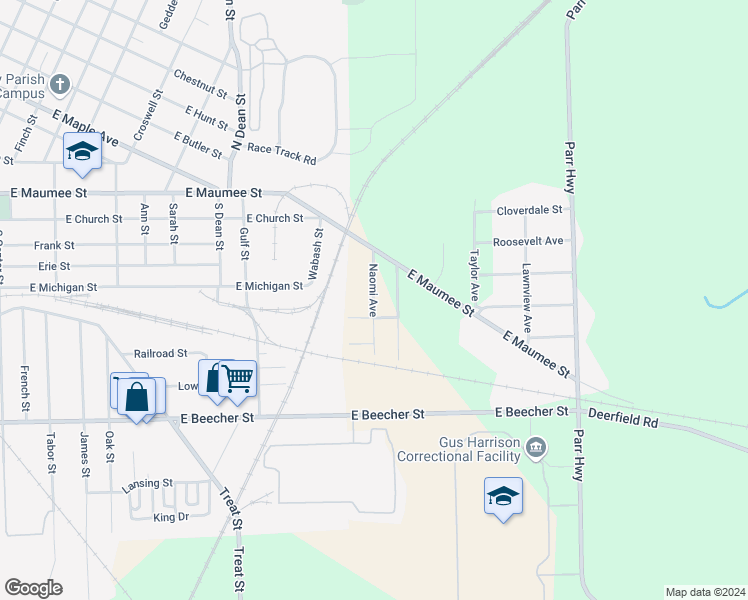 map of restaurants, bars, coffee shops, grocery stores, and more near 1608 Naomi Avenue in Adrian