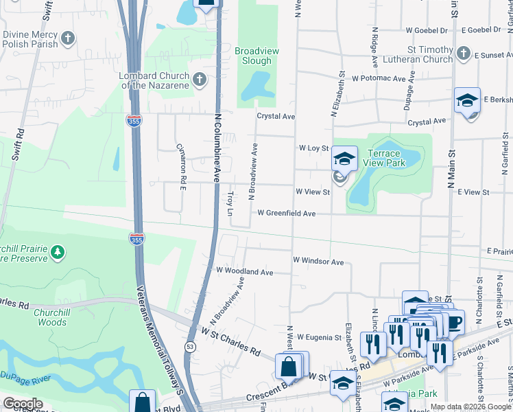 map of restaurants, bars, coffee shops, grocery stores, and more near 231 North Broadview Avenue in Lombard