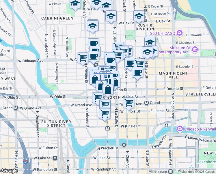 map of restaurants, bars, coffee shops, grocery stores, and more near 634 North Wells Street in Chicago