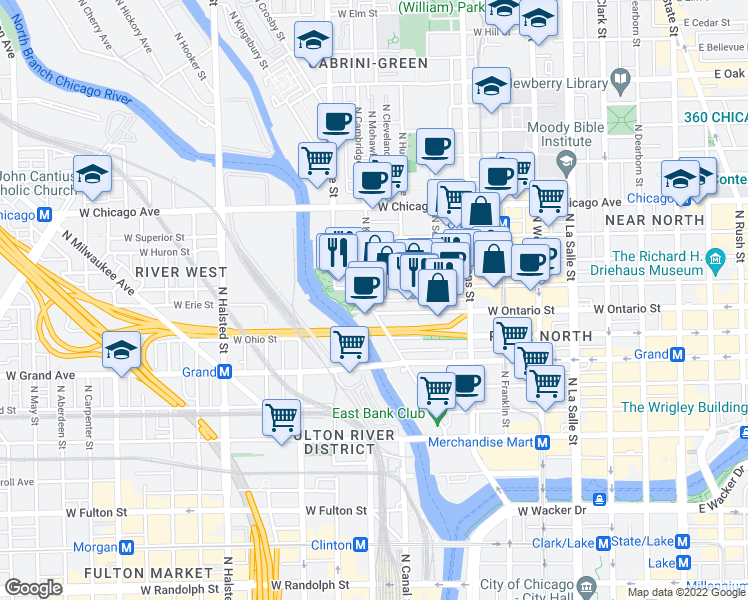 map of restaurants, bars, coffee shops, grocery stores, and more near 435 West Erie Street in Chicago