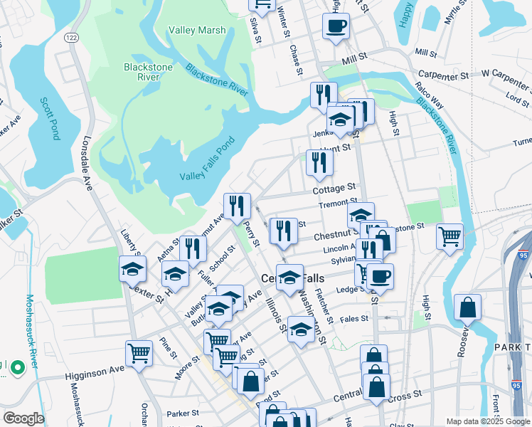 map of restaurants, bars, coffee shops, grocery stores, and more near 189 Tremont Street in Central Falls