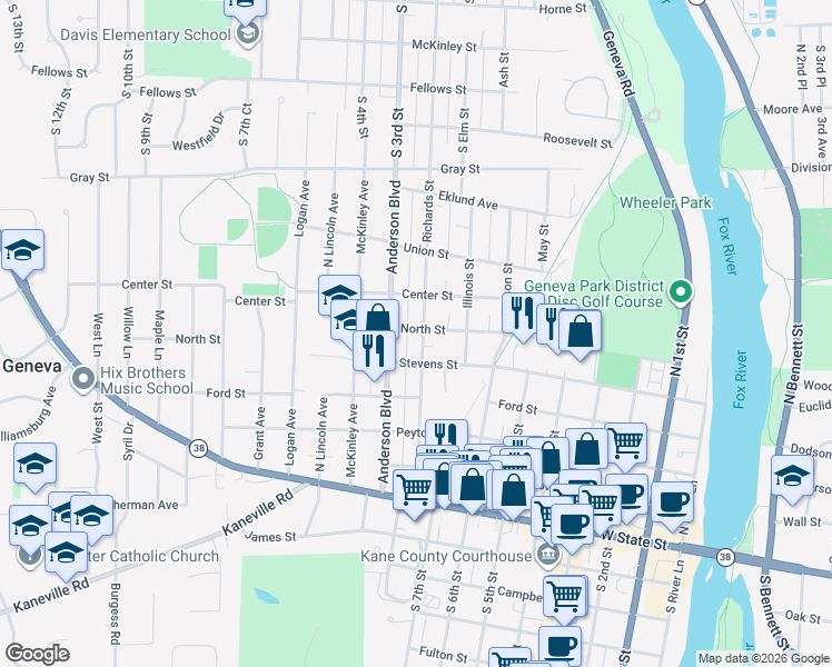 map of restaurants, bars, coffee shops, grocery stores, and more near 428 Richards Street in Geneva