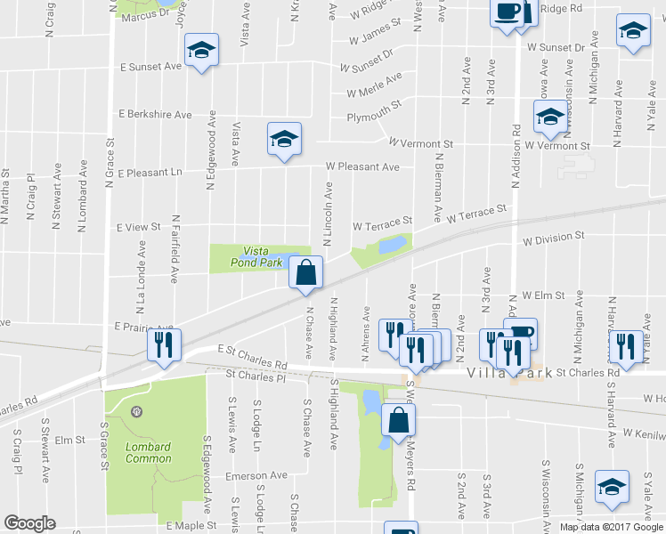 map of restaurants, bars, coffee shops, grocery stores, and more near 727 West Terrace Street in Villa Park