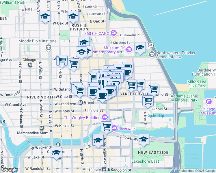 map of restaurants, bars, coffee shops, grocery stores, and more near 375 East Chicago Avenue in Chicago