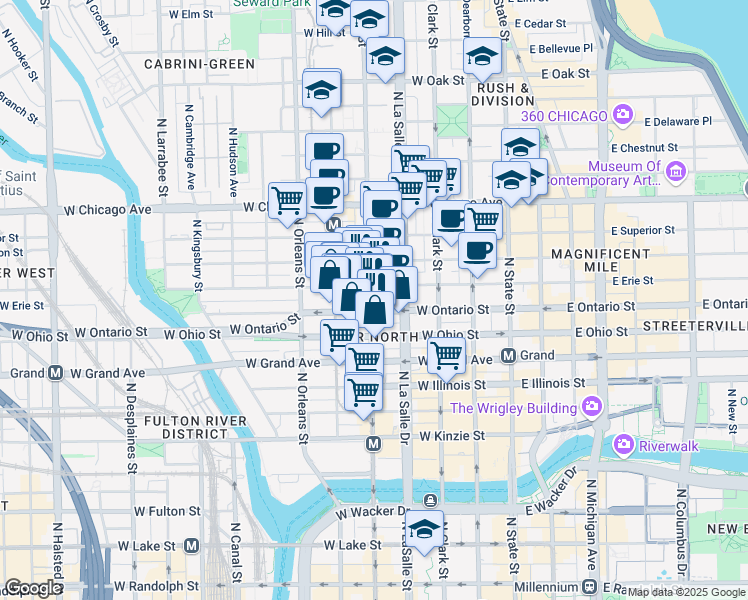 map of restaurants, bars, coffee shops, grocery stores, and more near 637 North Wells Street in Chicago