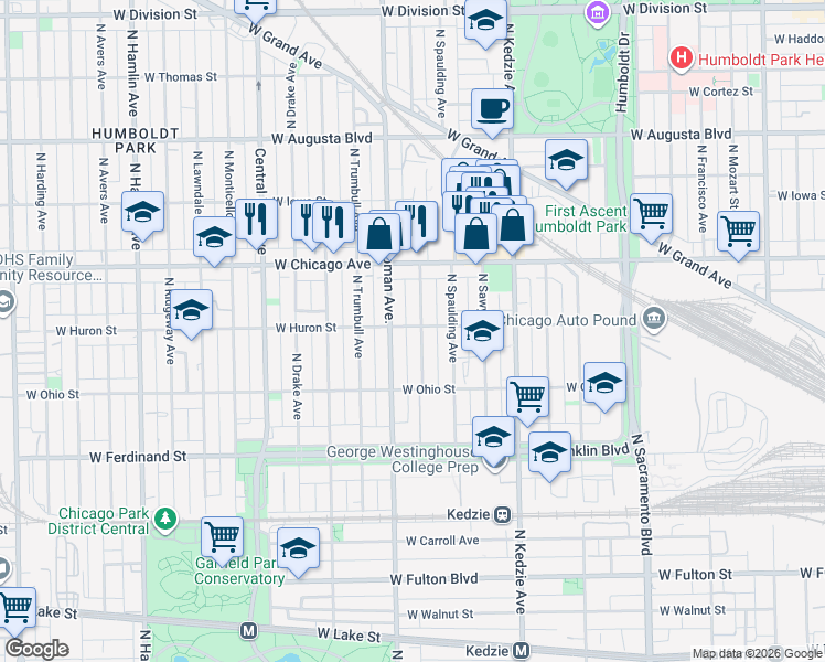 map of restaurants, bars, coffee shops, grocery stores, and more near 3345 West Huron Street in Chicago