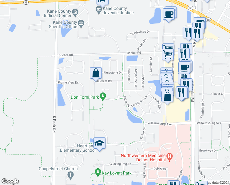map of restaurants, bars, coffee shops, grocery stores, and more near 412 Bluegrass Lane in Geneva