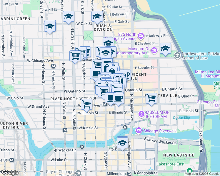 map of restaurants, bars, coffee shops, grocery stores, and more near 10 East Ontario Street in Chicago
