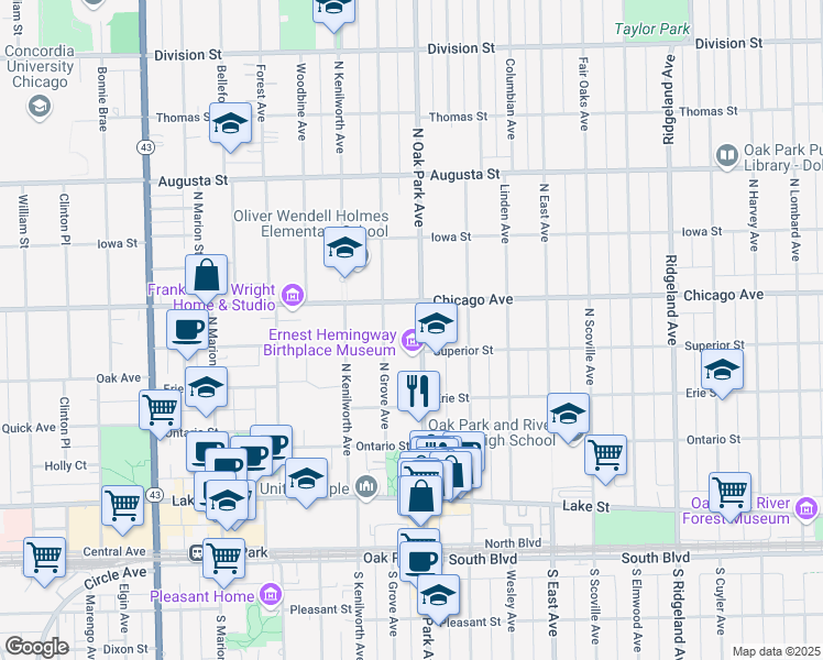 map of restaurants, bars, coffee shops, grocery stores, and more near 415 North Oak Park Avenue in Oak Park
