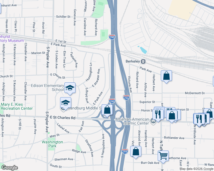 map of restaurants, bars, coffee shops, grocery stores, and more near 513 East Park Avenue in Elmhurst