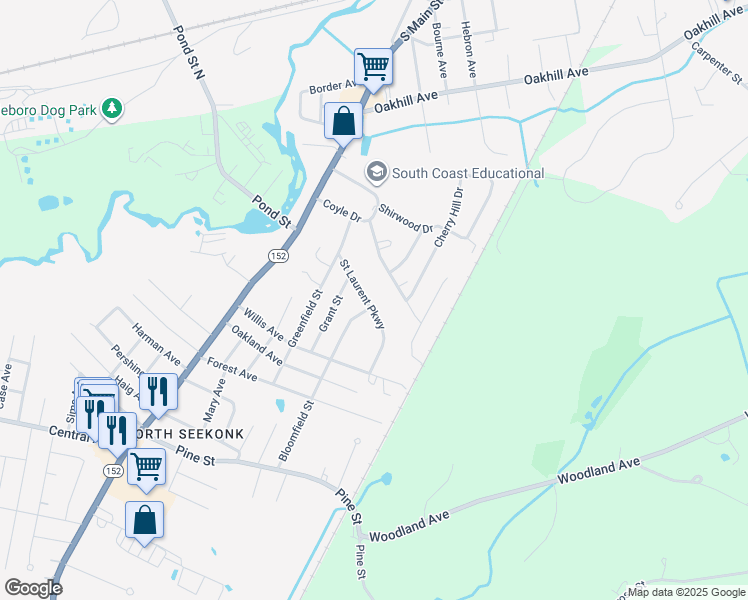 map of restaurants, bars, coffee shops, grocery stores, and more near 100 Saint Laurent Parkway in Seekonk