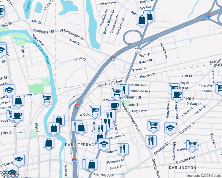 map of restaurants, bars, coffee shops, grocery stores, and more near 27 Collins Avenue in Pawtucket