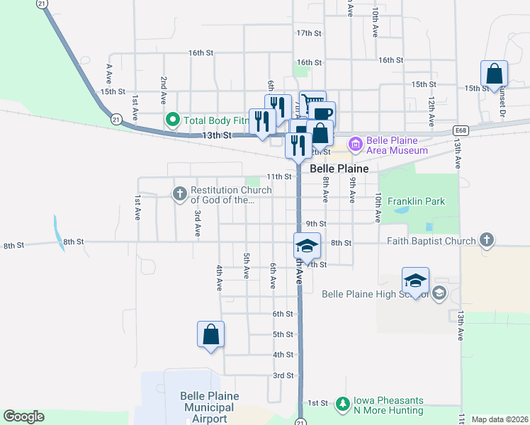 map of restaurants, bars, coffee shops, grocery stores, and more near 906 6th Avenue in Belle Plaine