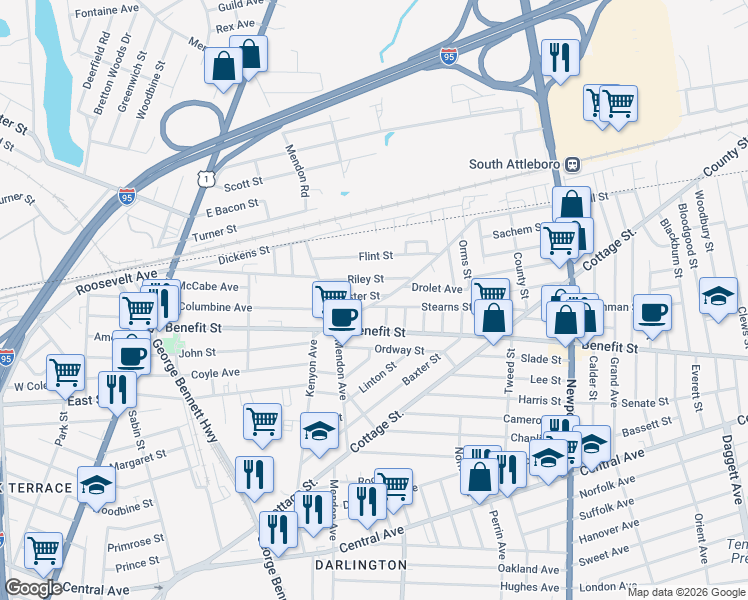 map of restaurants, bars, coffee shops, grocery stores, and more near 314 Kenyon Avenue in Pawtucket