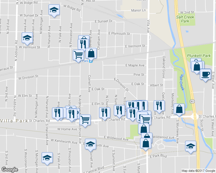 map of restaurants, bars, coffee shops, grocery stores, and more near 136 East Oak Street in Villa Park