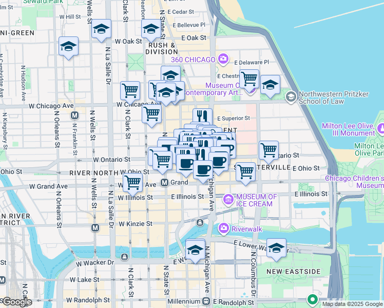 map of restaurants, bars, coffee shops, grocery stores, and more near 630 North Rush Street in Chicago