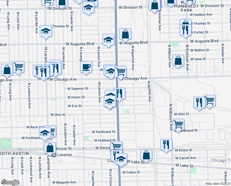 map of restaurants, bars, coffee shops, grocery stores, and more near 709 Illinois 50 in Chicago