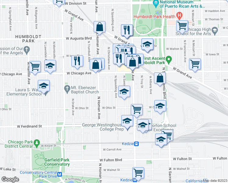 map of restaurants, bars, coffee shops, grocery stores, and more near 656 North Spaulding Avenue in Chicago